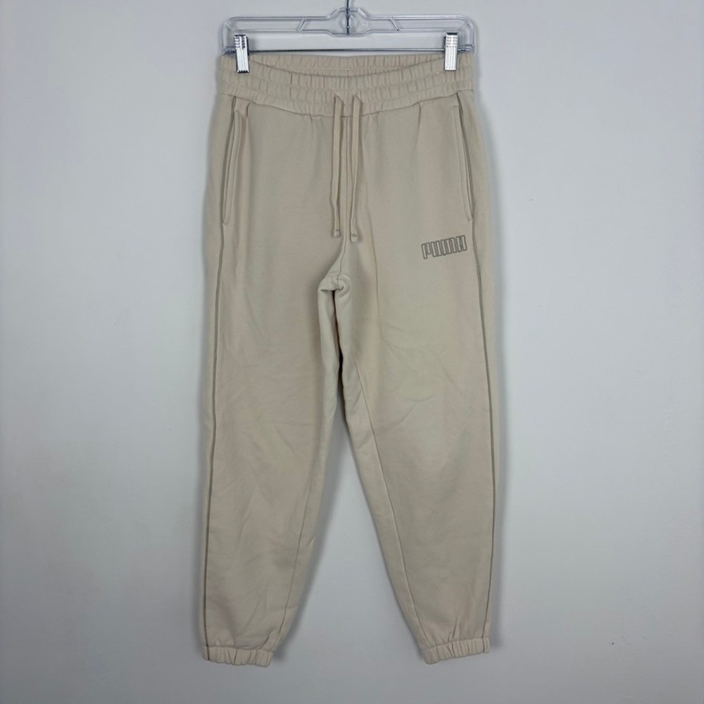 Puma Jogger Sweatpants Cream High Rise Tapered Leg Fleece Soft Cozy Size Small